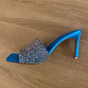 Square Toe Embellished Heel Blue Sandal Size 8